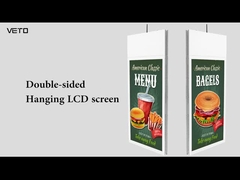 इनडोर व्हाइट 43 इंच डिजिटल हैंगिंग एलसीडी स्क्रीन अल्ट्रा थिन डुअल साइडेड सीलिंग माउंटेड